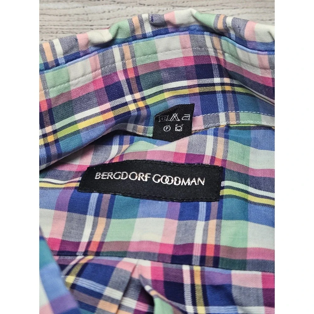 Bergdorf Goodman Button‎ Down Shirt Mens Large Multicolor Plaid Cotton Casual